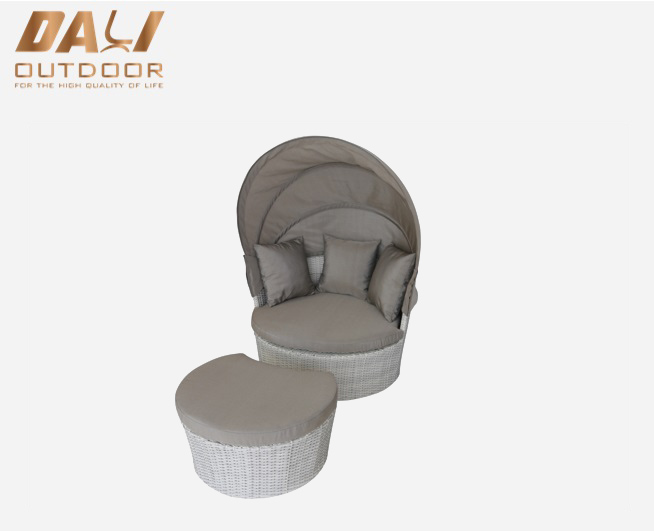 outdoor leisure poly rattan sun bed furniture patio round chaise lounge with footstool