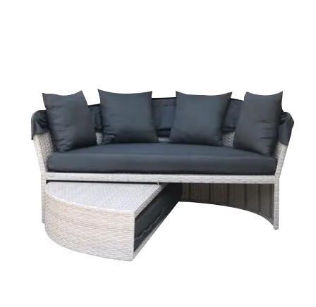 Outdoor Sunbed 2-in-1 Round Poly Rattan Wicker Black Daybed Sofa Garden with Retractable Canopy