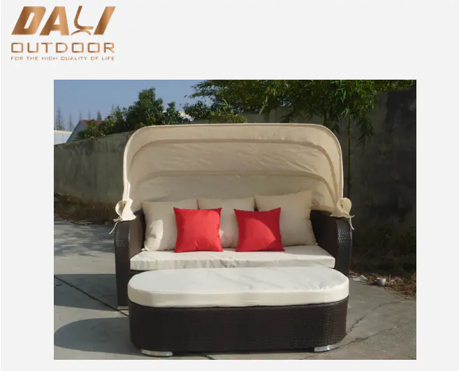 outdoor leisure poly rattan sun bed furniture patio round chaise lounge with footstool